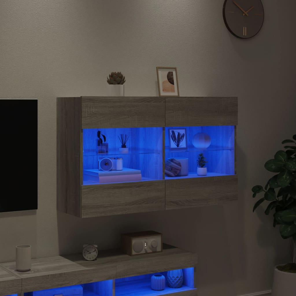 Comodă TV de perete cu lumini LED, gri sonoma, 98,5x30x60,5 cm GartenMobel Dekor