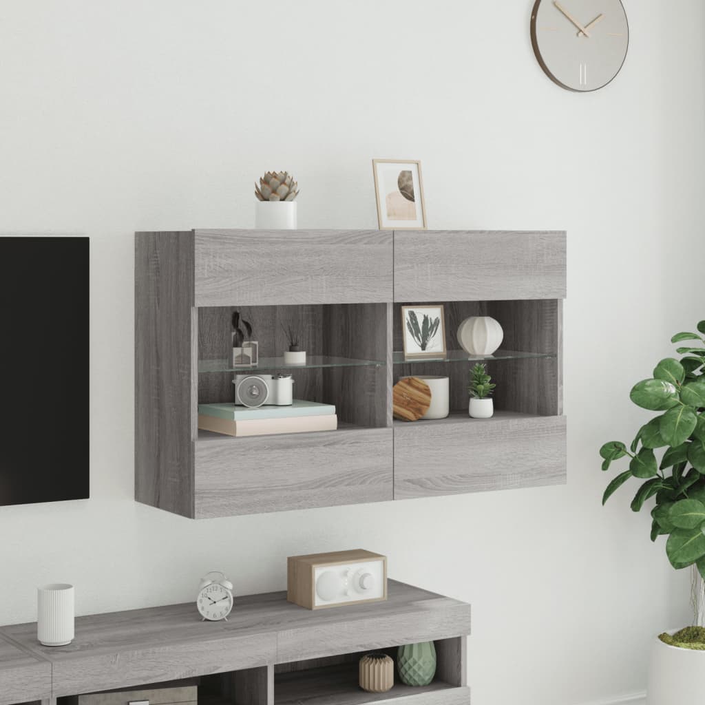 Comodă TV de perete cu lumini LED, gri sonoma, 98,5x30x60,5 cm GartenMobel Dekor