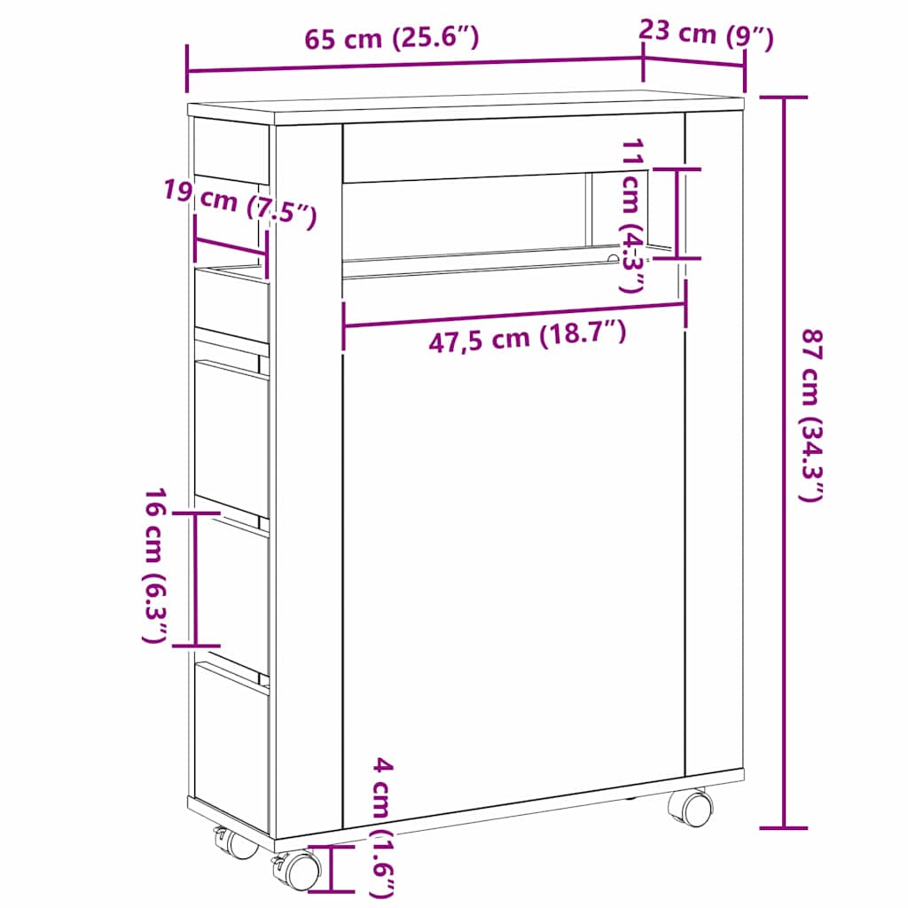 Cabinet îngust din baie Stejar negru 65 x 23 x 87 cm GartenMobel Dekor