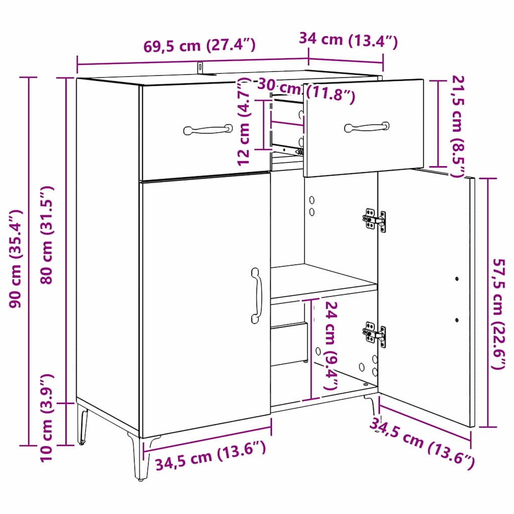 Bufet stejar artizanal 34 x 69.5 x 90 cm Lemn compozit GartenMobel Dekor