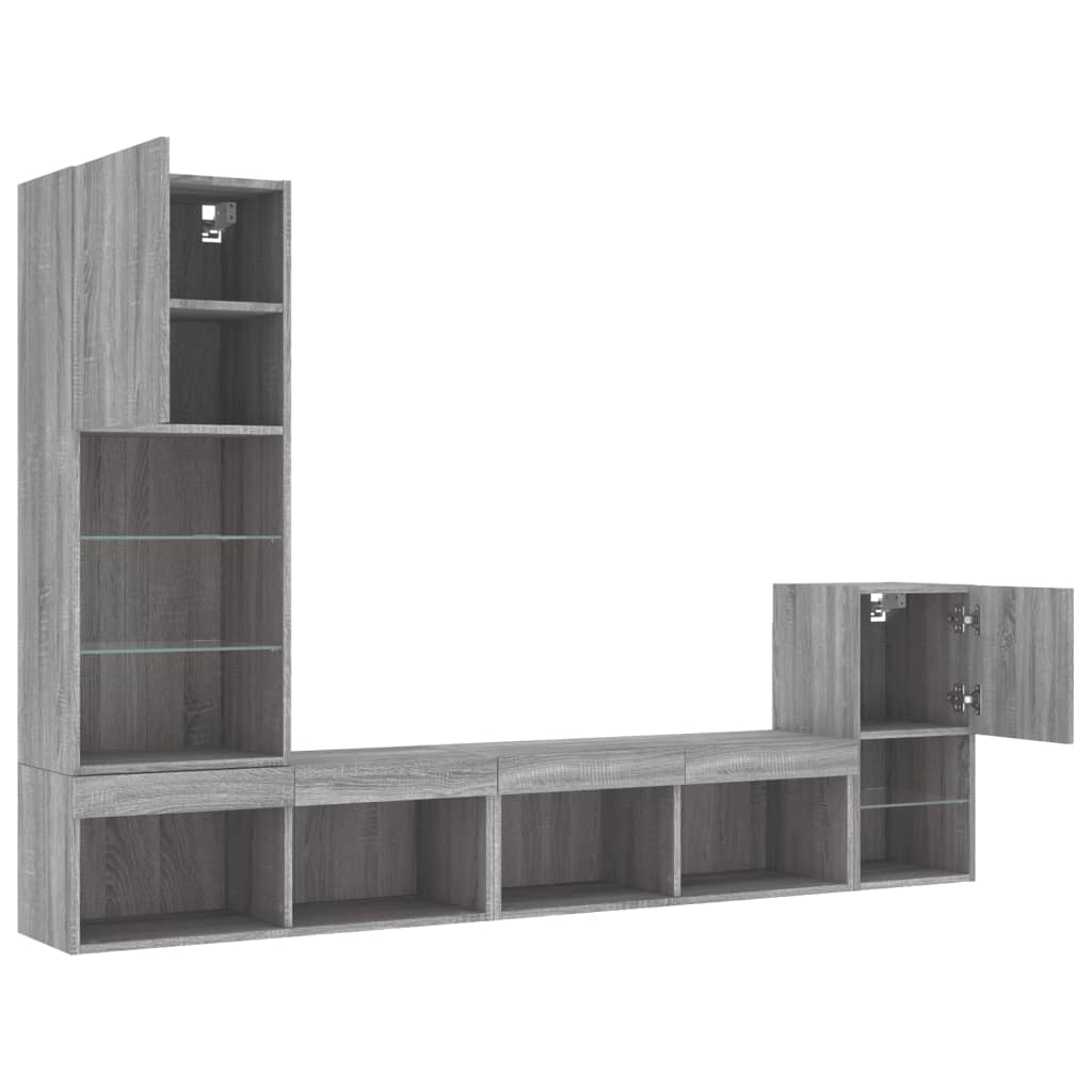 Unități de perete TV cu LED-uri, 4 piese, gri sonoma, lemn GartenMobel Dekor