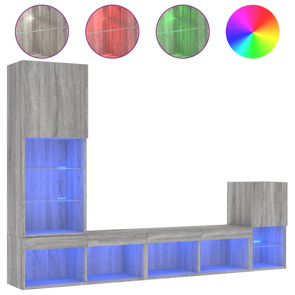 Unități de perete TV cu LED-uri, 4 piese, gri sonoma, lemn GartenMobel Dekor