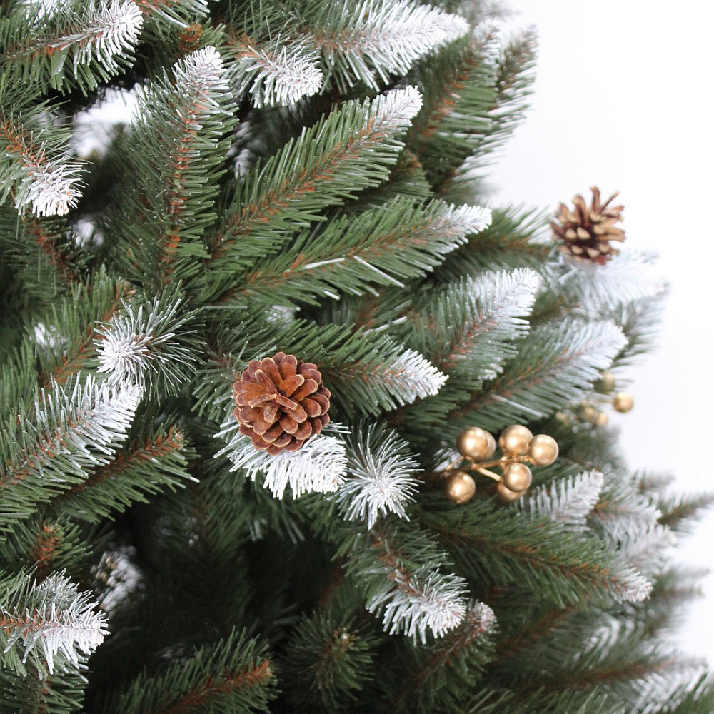 Brad Artificial Molid HollyGold cu Fructe Aurii si Conuri Naturale, Verde cu Varfuri Albe 180 cm