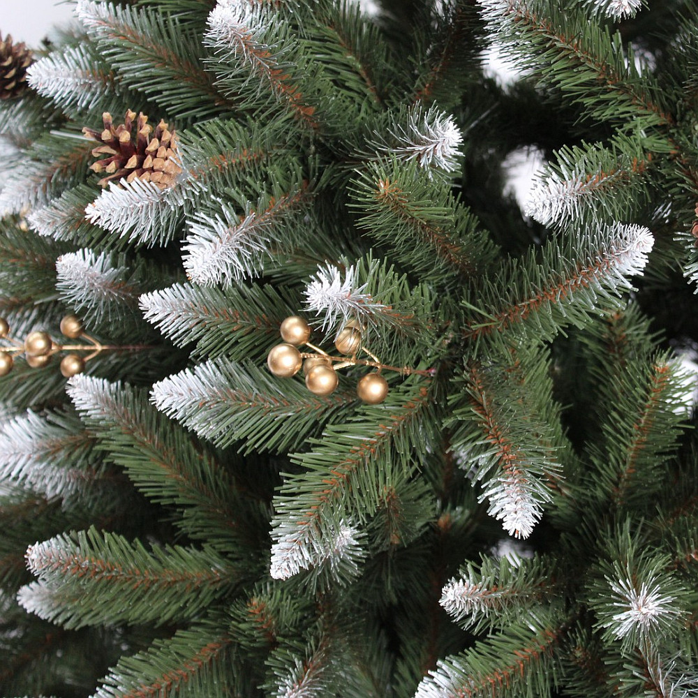 Brad Artificial Molid HollyGold cu Fructe Aurii si Conuri Naturale, Verde cu Varfuri Albe 180 cm