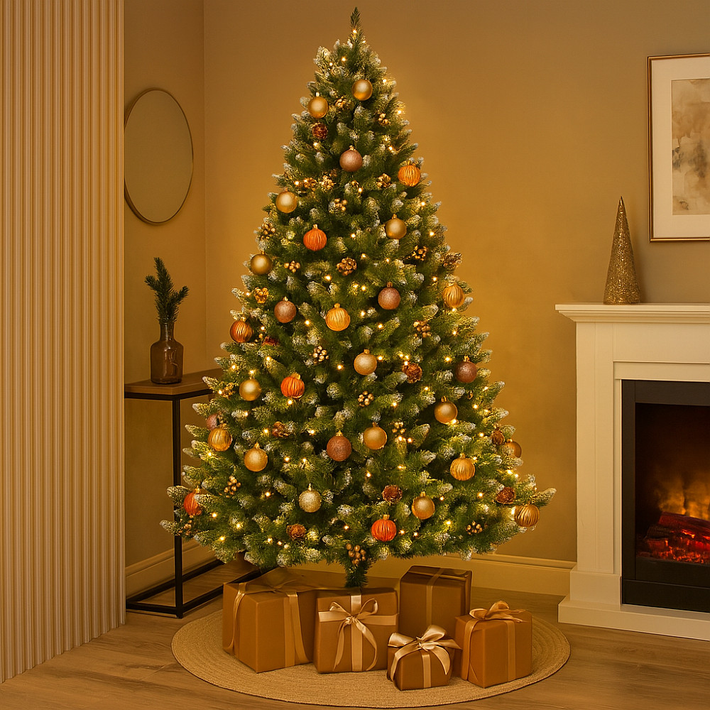 Brad Artificial Molid HollyGold cu Fructe Aurii si Conuri Naturale, Verde cu Varfuri Albe 220 cm