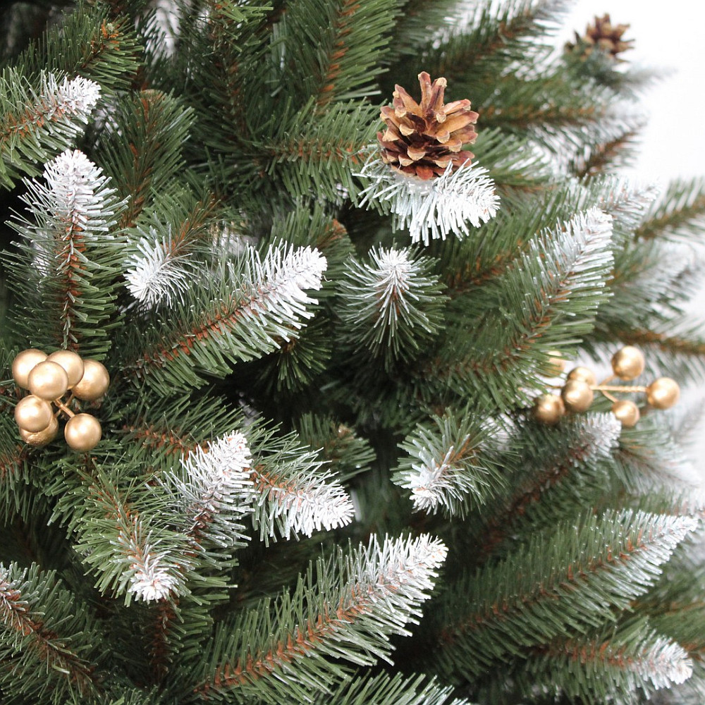 Brad Artificial Molid HollyGold cu Fructe Aurii si Conuri Naturale, Verde cu Varfuri Albe 220 cm