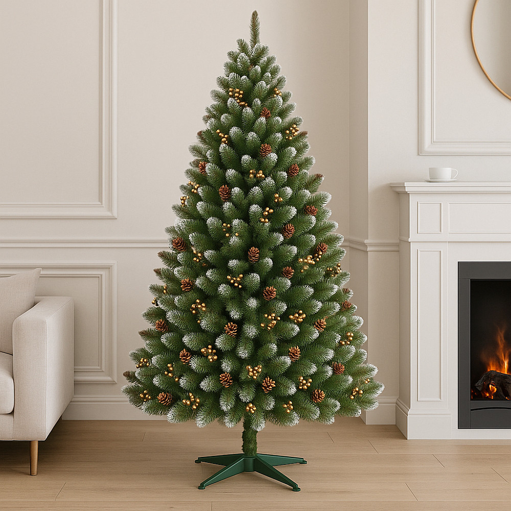 Brad Artificial Molid HollyGold cu Fructe Aurii si Conuri Naturale, Verde cu Varfuri Albe 220 cm