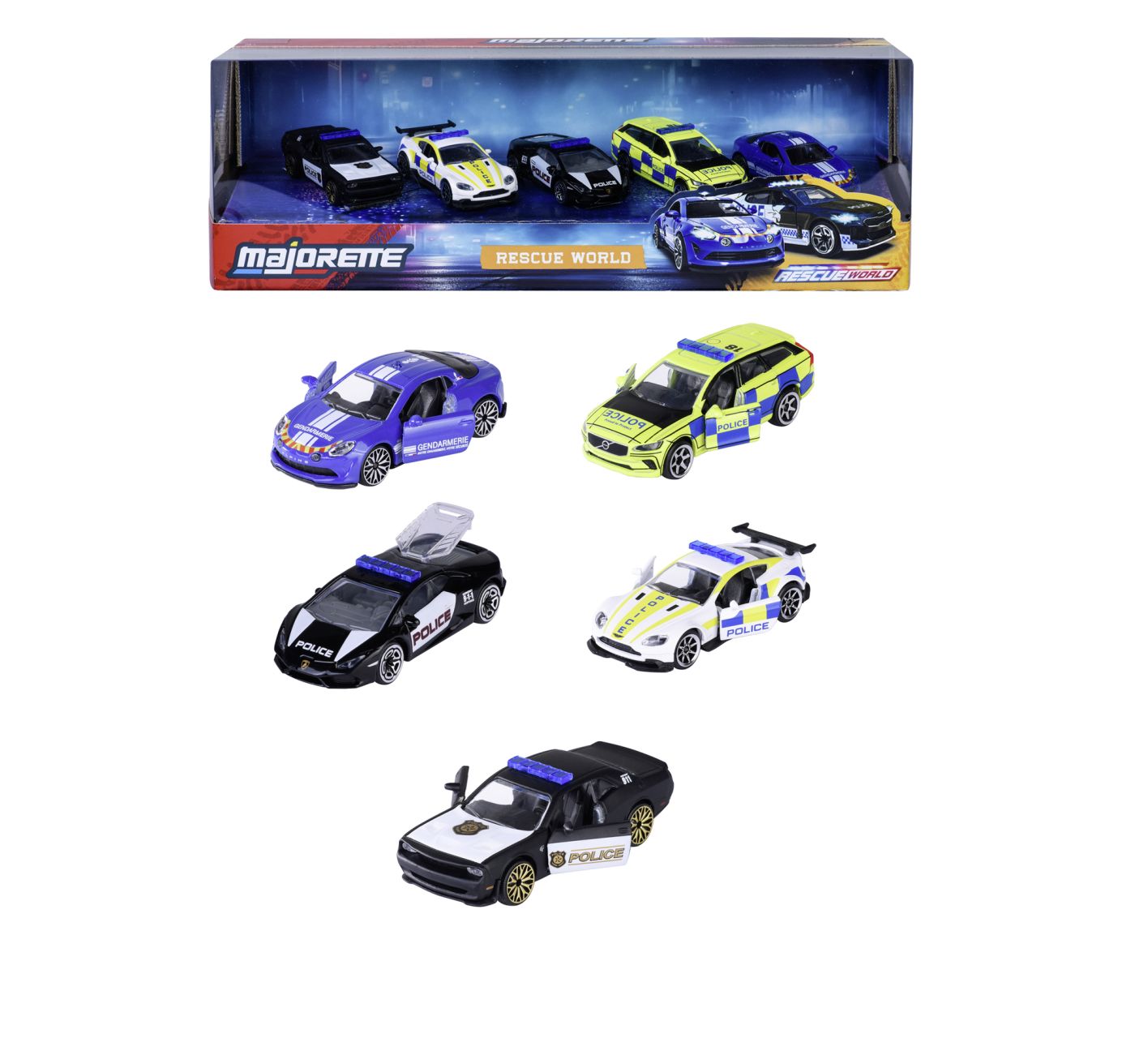 MAJORETTE SET 5 MASINUTE DE POLITIE METALICE RESCUE WORLD 7.5CM SuperHeroes ToysZone