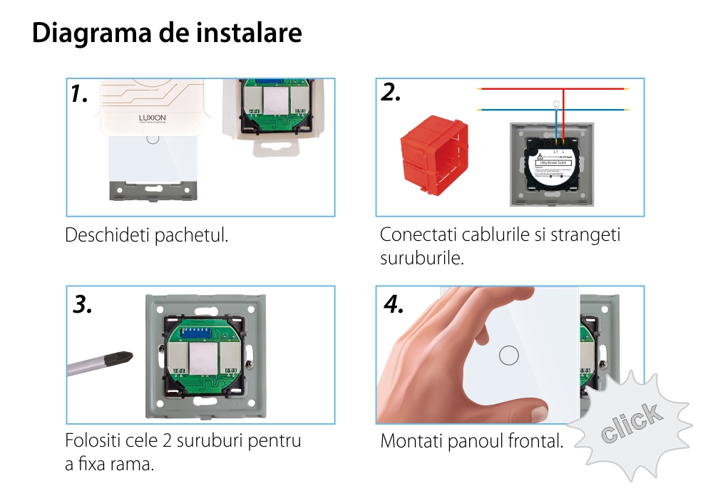 Pachet Intrerupator Simplu RF433 + Telecomanda 1 Canal RF433 cu Touch Din Sticla LUXION SmartElectro IntelligentHouse