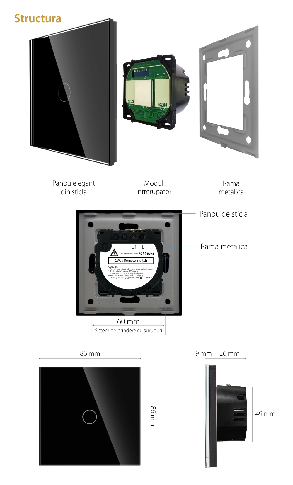 Pachet Intrerupator Simplu RF433 + Telecomanda 1 Canal RF433 cu Touch Din Sticla LUXION SmartElectro IntelligentHouse