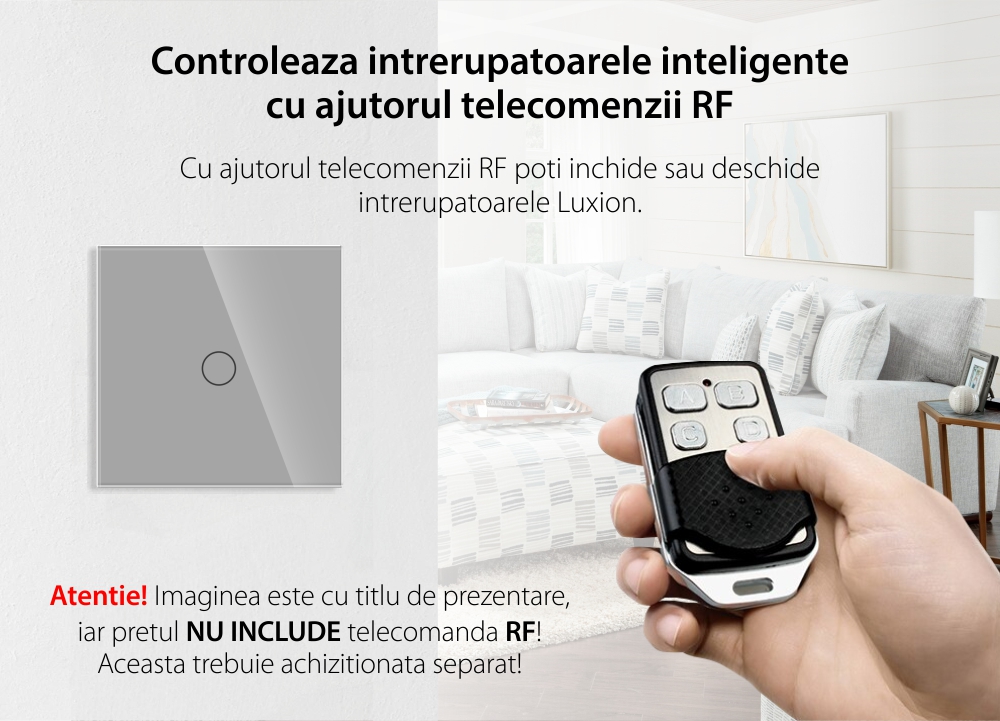 Pachet Intrerupator Simplu RF433 + Telecomanda 1 Canal RF433 cu Touch Din Sticla LUXION SmartElectro IntelligentHouse