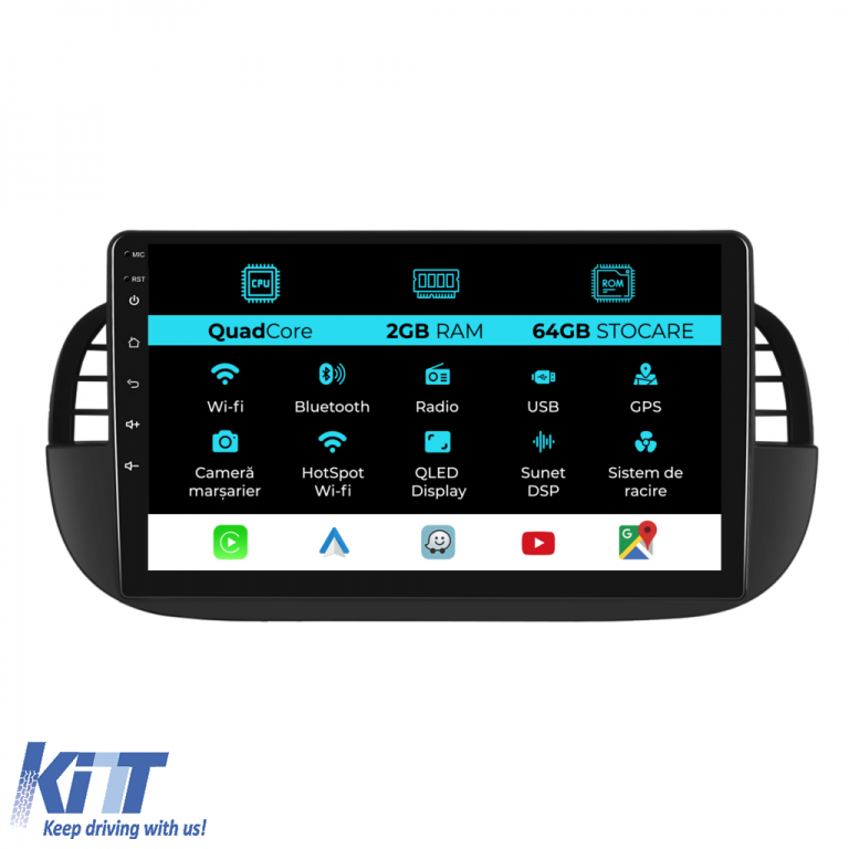Navigatie Android Dedicata Fiat 500 (2007 - 2015), 9Inch, 2Gb Ram, 64Gb Stocare, Carplay Performance AutoTuning