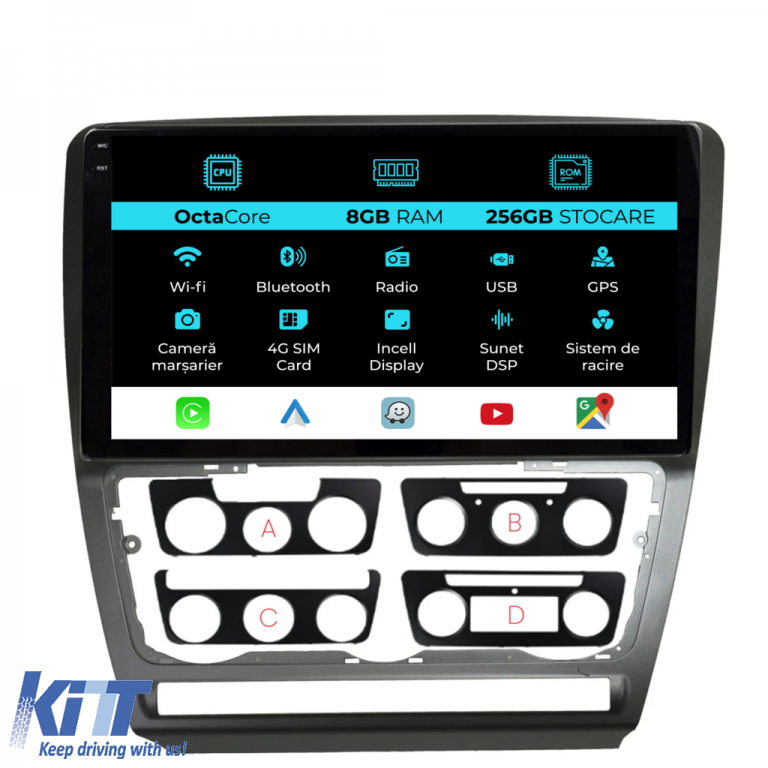 Navigatie Dedicata Skoda Octavia 2 (2004-2013), 10Inch, 8Gb Ram, 256Gb Stocare, Carplay Performance AutoTuning