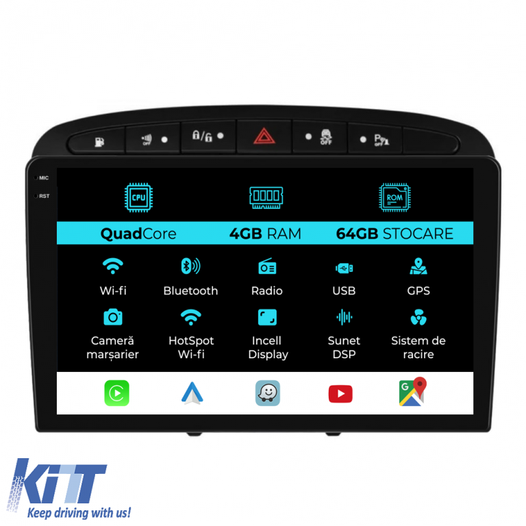 Navigatie Dedicata Peugeot 308 408 (2008-2013),QuadCore, 9Inch, 4Gb Ram, 64Gb Stocare, Carplay Performance AutoTuning