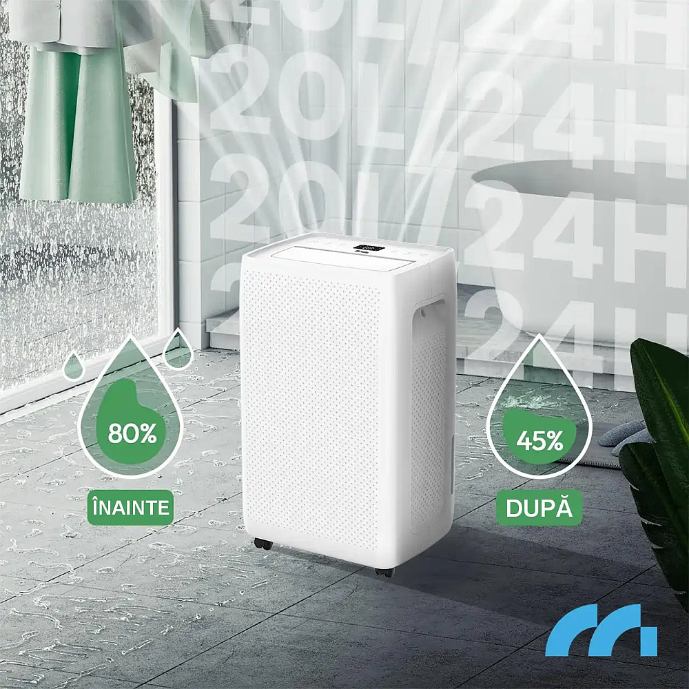 Dezumidificator si Purificator de Aer Wireless 2-in-1, Randament 20L/zi, Putere 330W, Anti-Mucegai, Control din Telefon