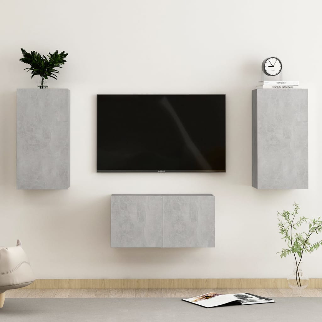 Set de dulapuri TV, 3 piese, gri beton, lemn prelucrat GartenMobel Dekor