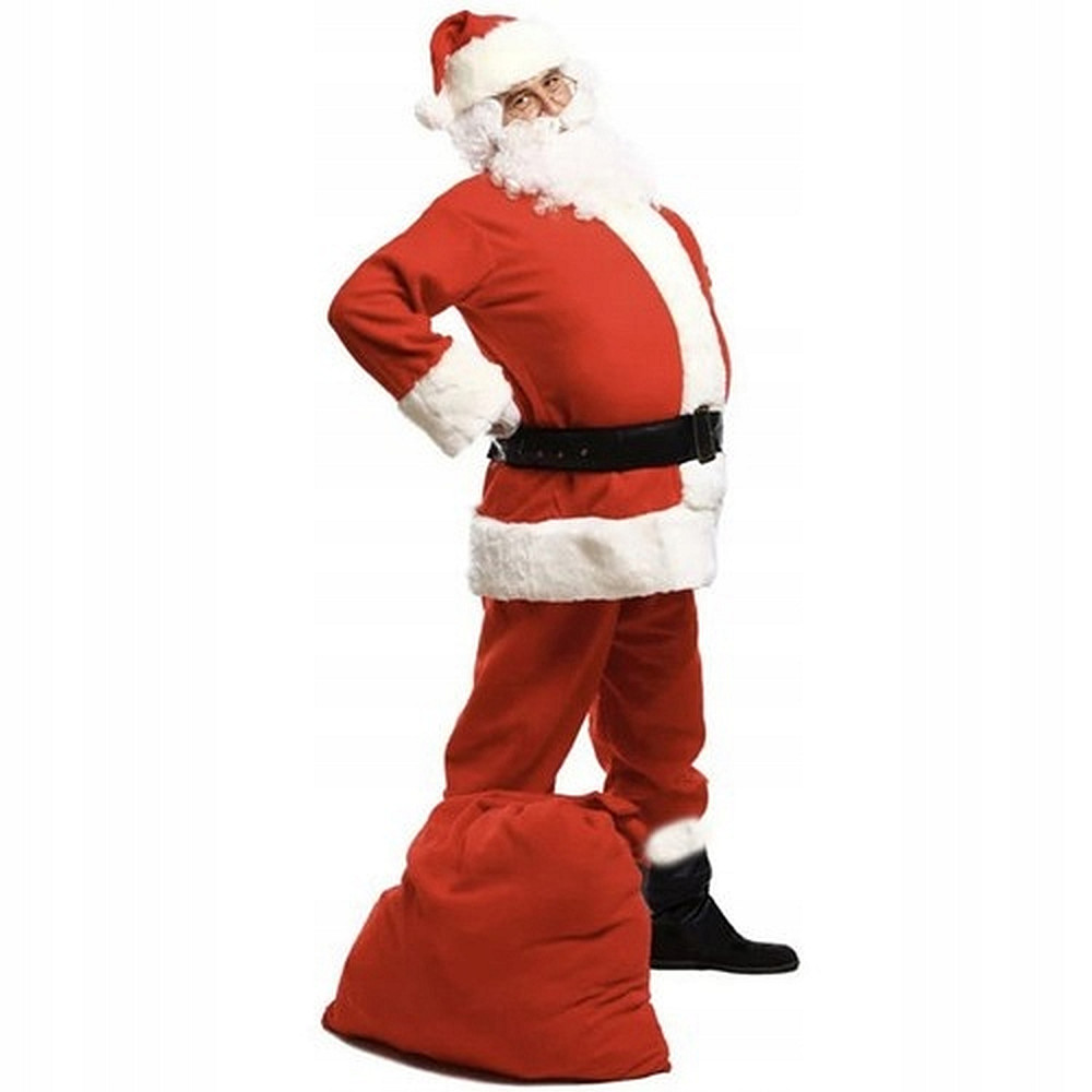 Set Costum de Mos Craciun cu Barba, Caciula, Sac Cadouri, 13 Piese, Rosu/Alb