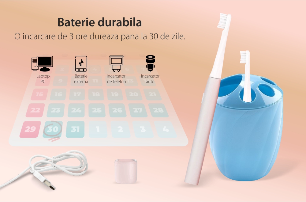 Periuta de dinti electrica Sonic Infly, Baterie 320 mAh, Impermeabila IPX7, Incarcare USB SmartElectro IntelligentHouse