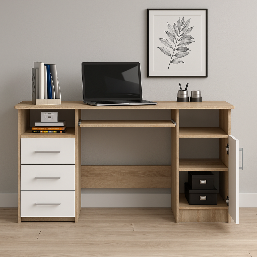 Birou ANA pentru calculator, cu 3 sertare si 1 usa, 124x52x74 cm, stejar sonoma si alb Household NewTrend