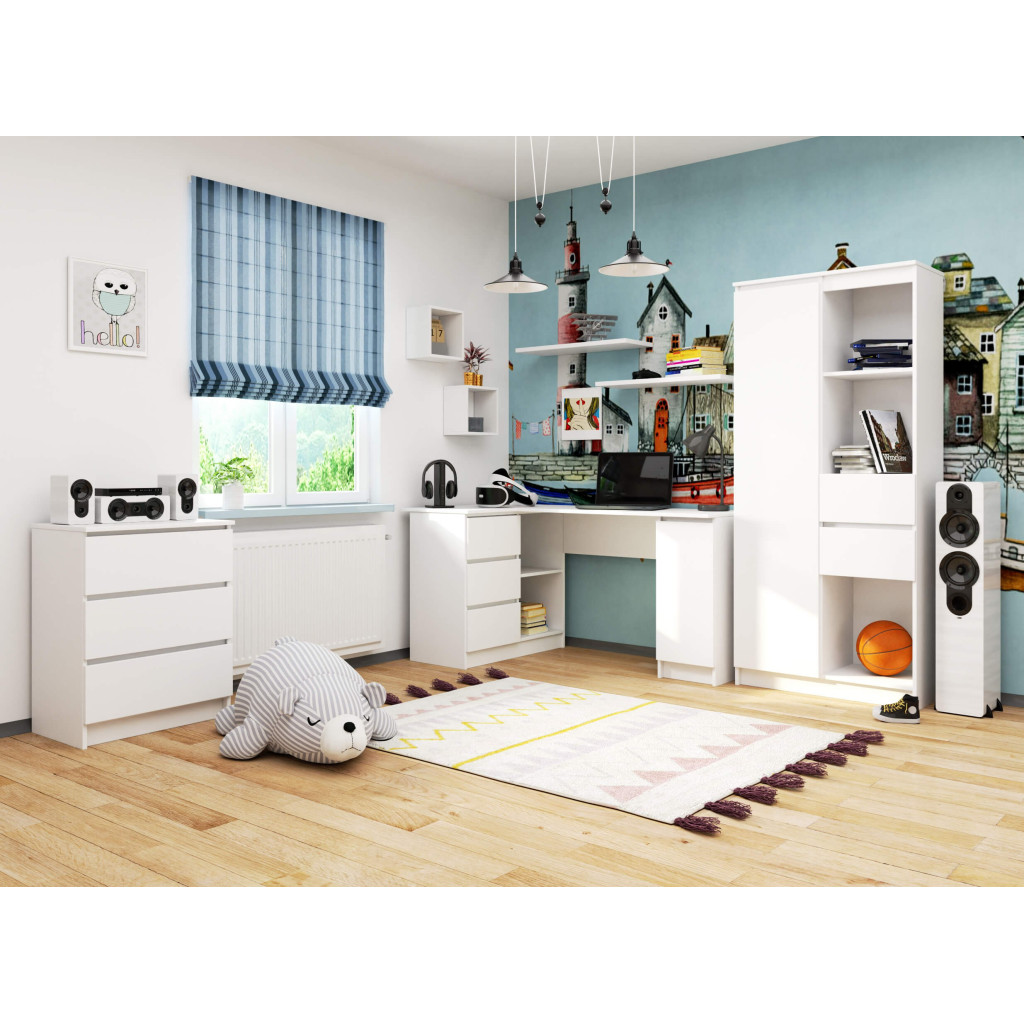 Birou colt stanga cu 3 sertare si rafturi, 155x85x77 cm, alb Household NewTrend