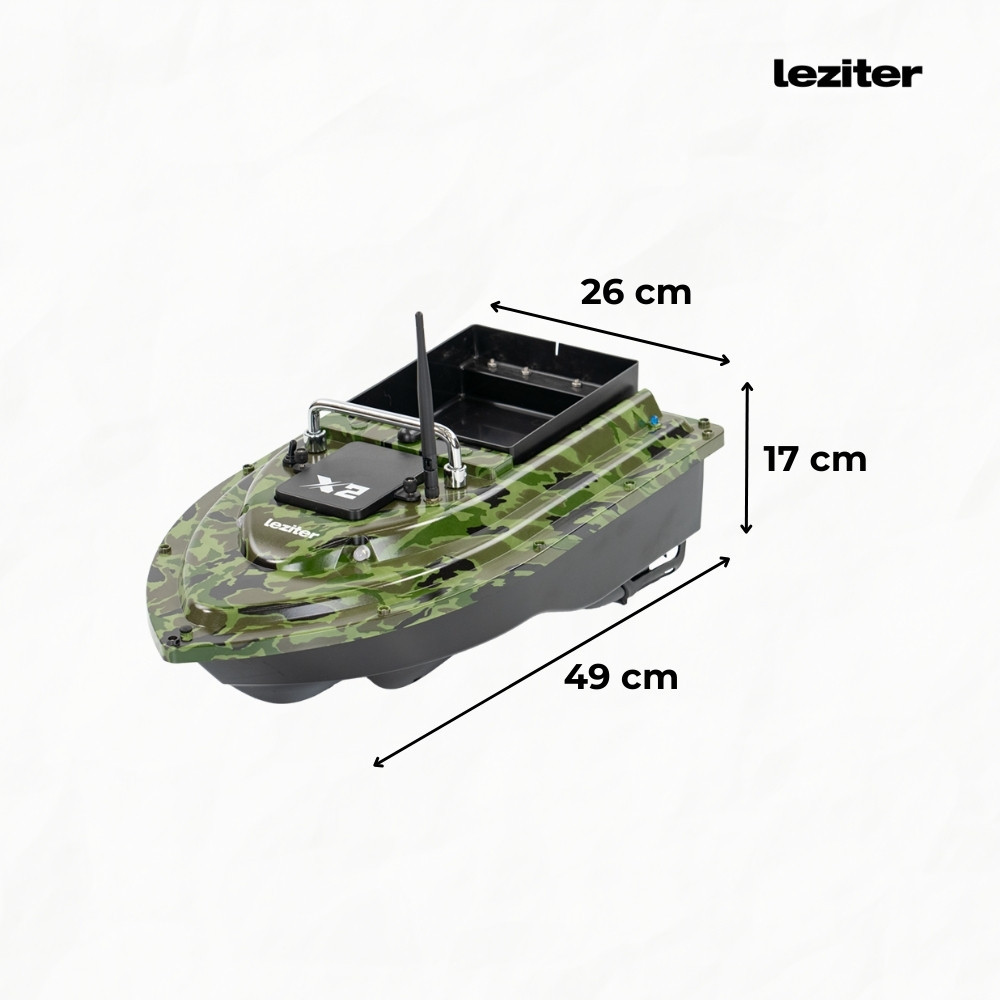 Leziter Barcă cu momeală X2 GPS, ejector spate, camuflaj verde Mobalis Homvera