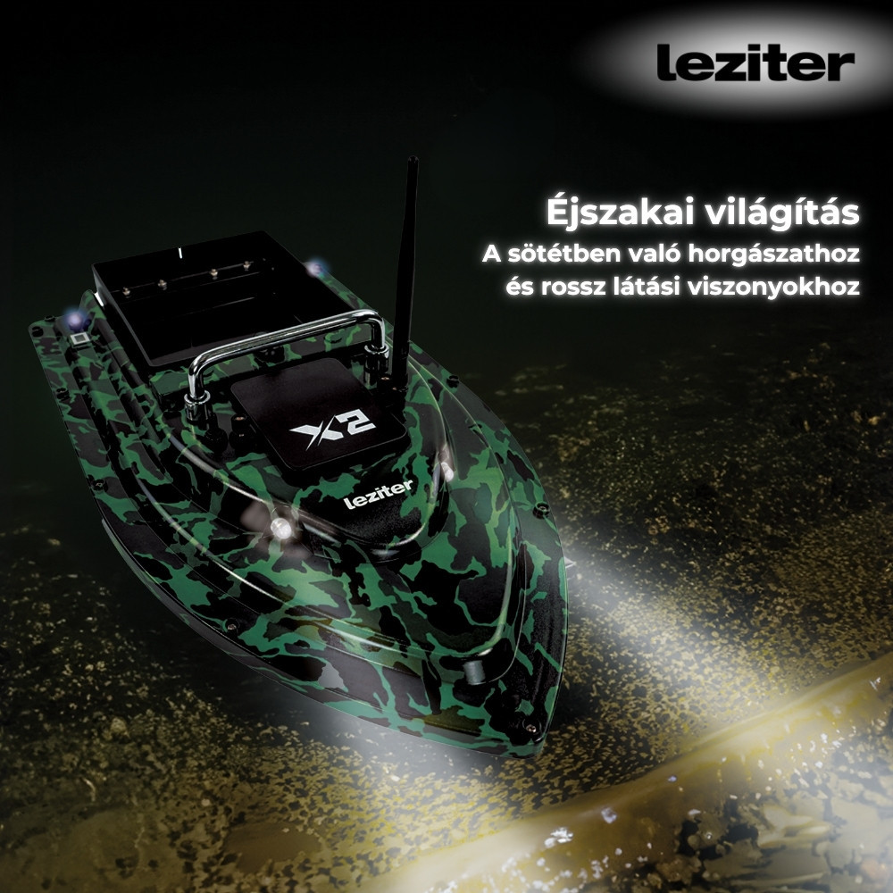 Leziter Barcă cu momeală X2 GPS, ejector spate, camuflaj verde Mobalis Homvera