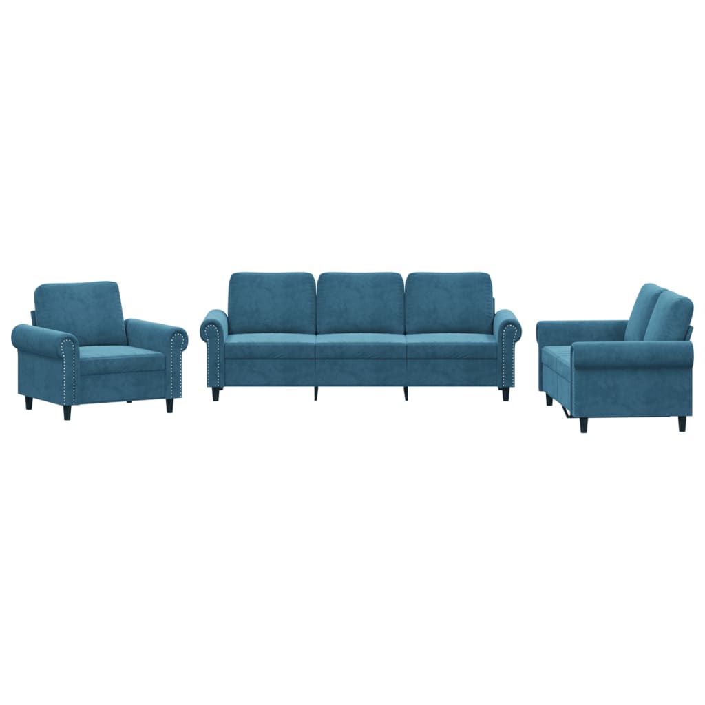 Set de canapele cu perne, 3 piese, albastru, catifea GartenMobel Dekor