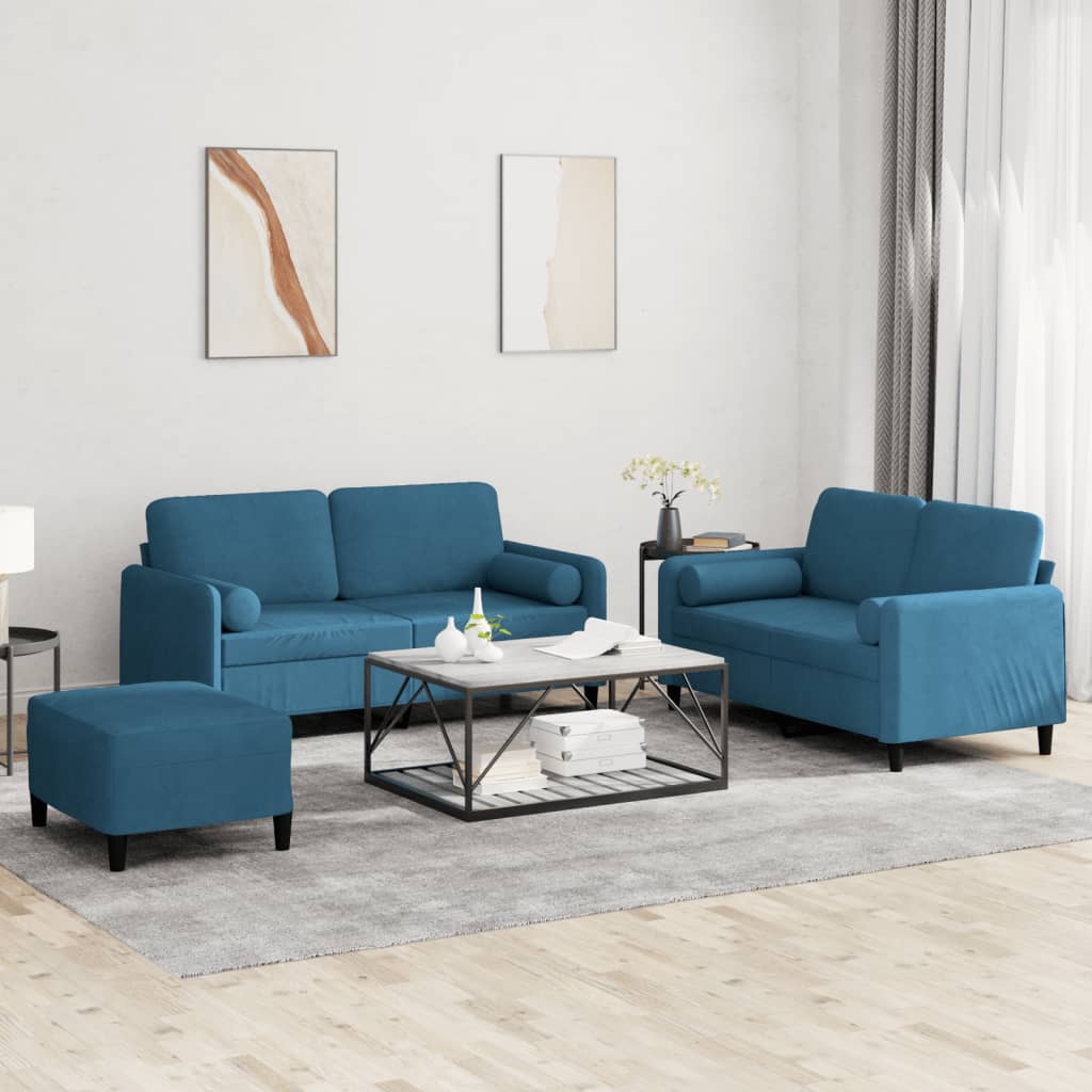 Set de canapele cu perne, 3 piese, albastru, catifea GartenMobel Dekor