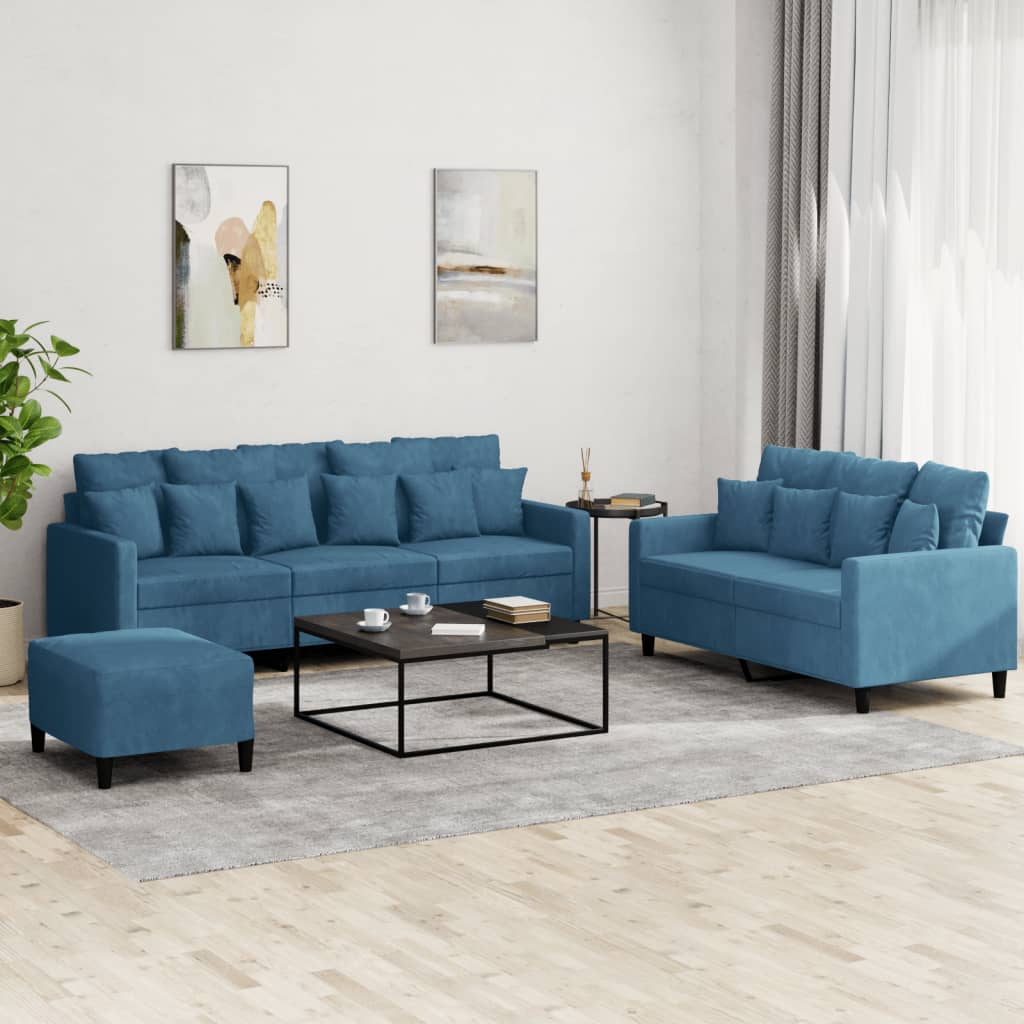 Set de canapele cu perne, 3 piese, albastru, catifea GartenMobel Dekor