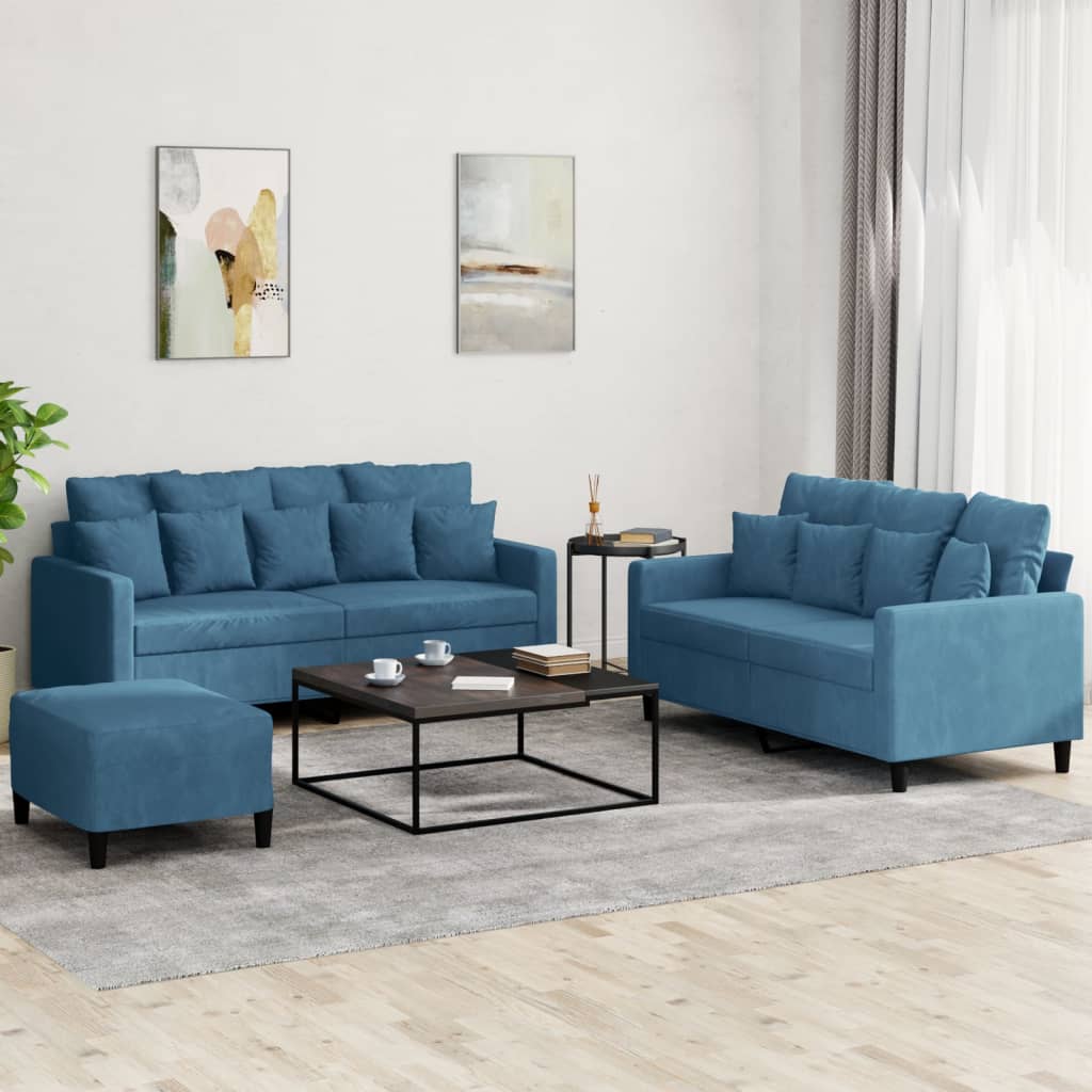 Set de canapele cu perne, 3 piese, albastru, catifea GartenMobel Dekor