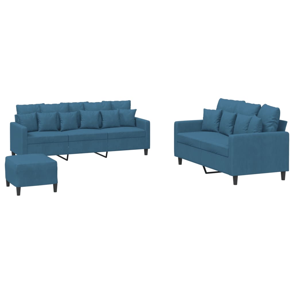 Set de canapele cu perne, 3 piese, albastru, catifea GartenMobel Dekor