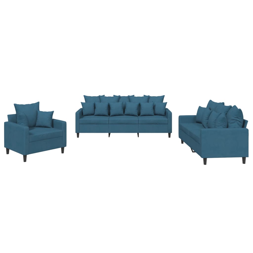 Set de canapele cu perne, 3 piese, albastru, catifea GartenMobel Dekor