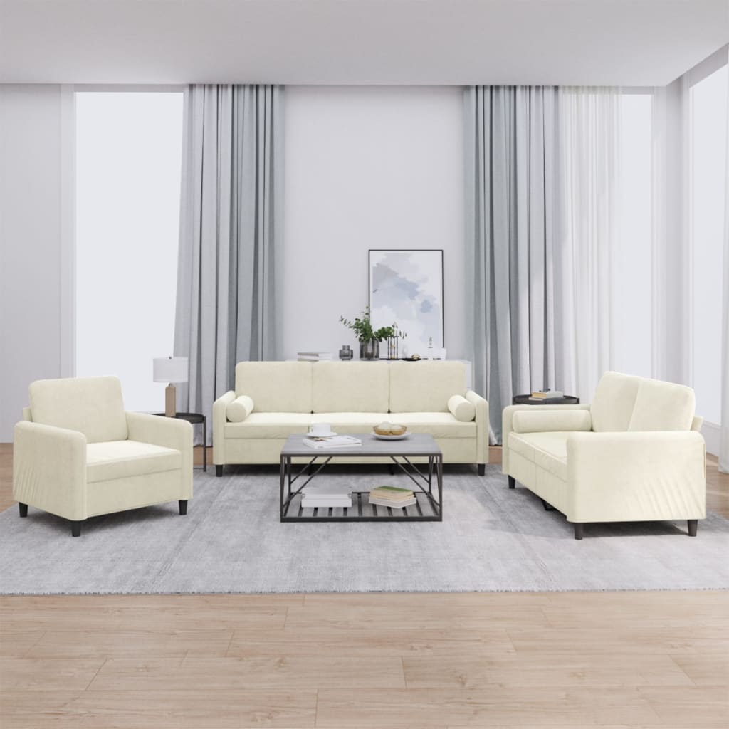 Set de canapele cu perne, 3 piese, crem, catifea GartenMobel Dekor