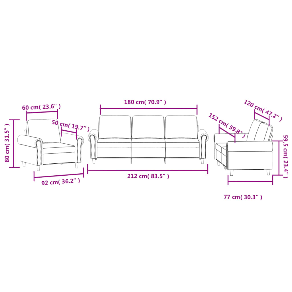 Set de canapele cu perne, 3 piese, crem, catifea GartenMobel Dekor