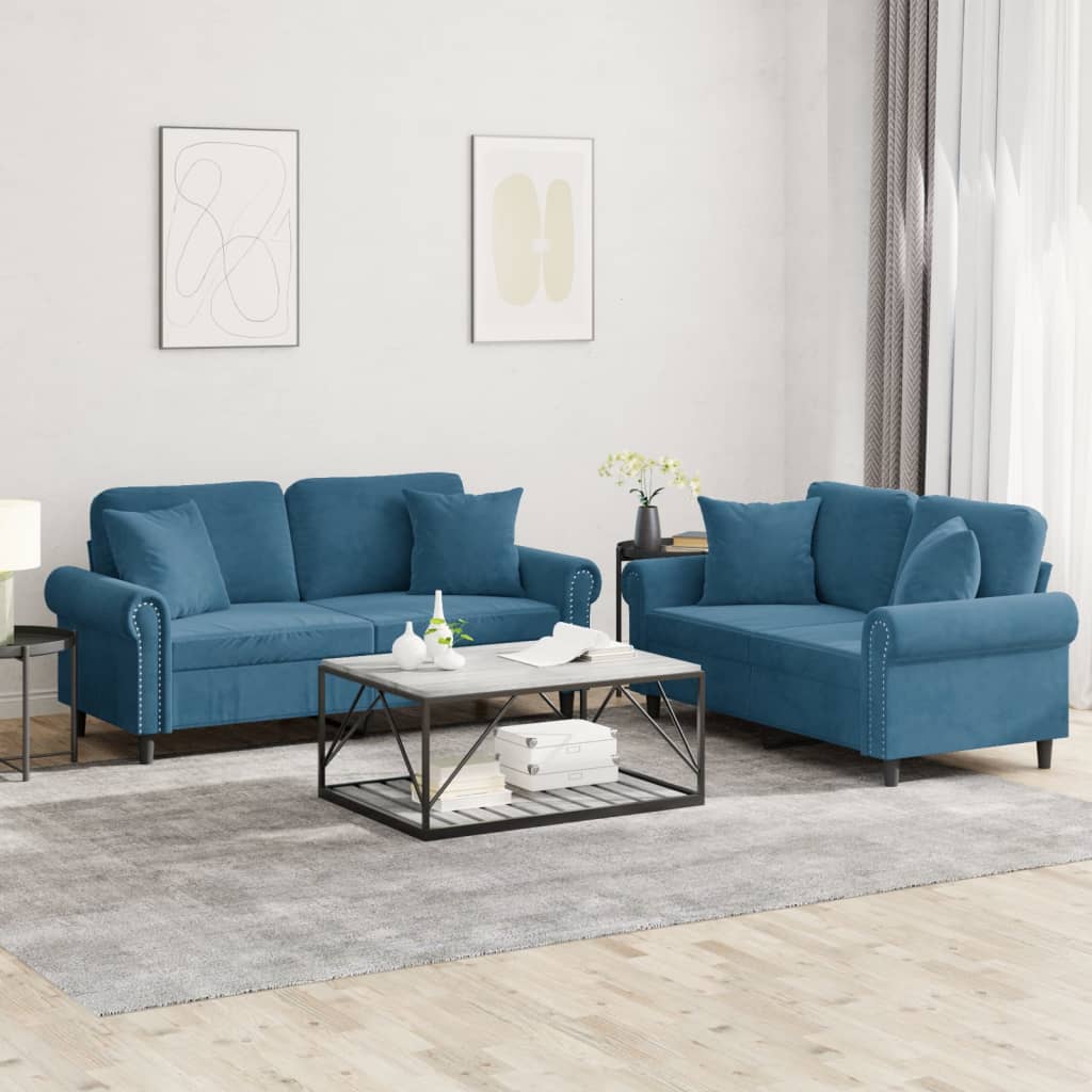Set de canapele cu perne, 2 piese, albastru, catifea GartenMobel Dekor