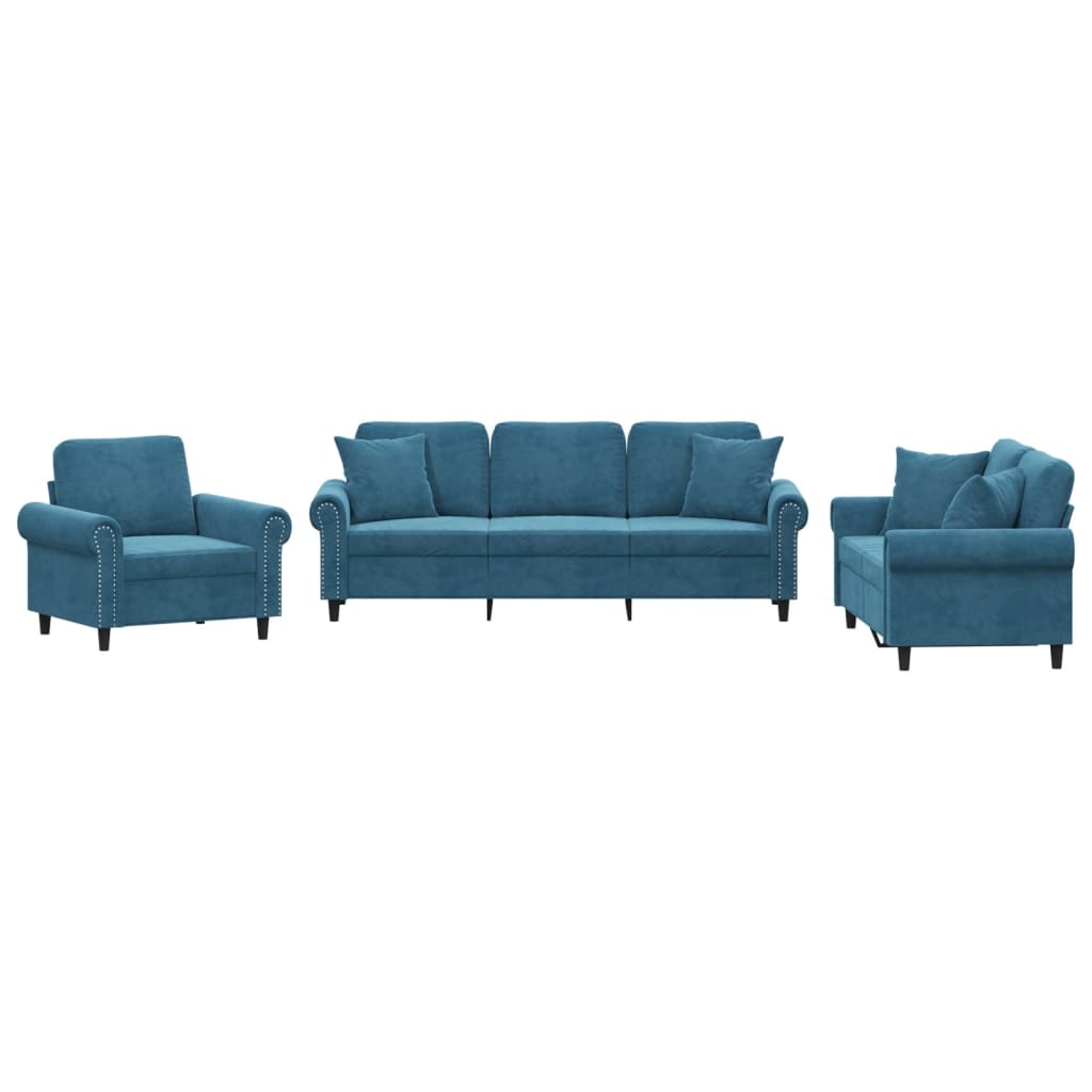 Set de canapele cu perne, 3 piese, albastru, catifea GartenMobel Dekor