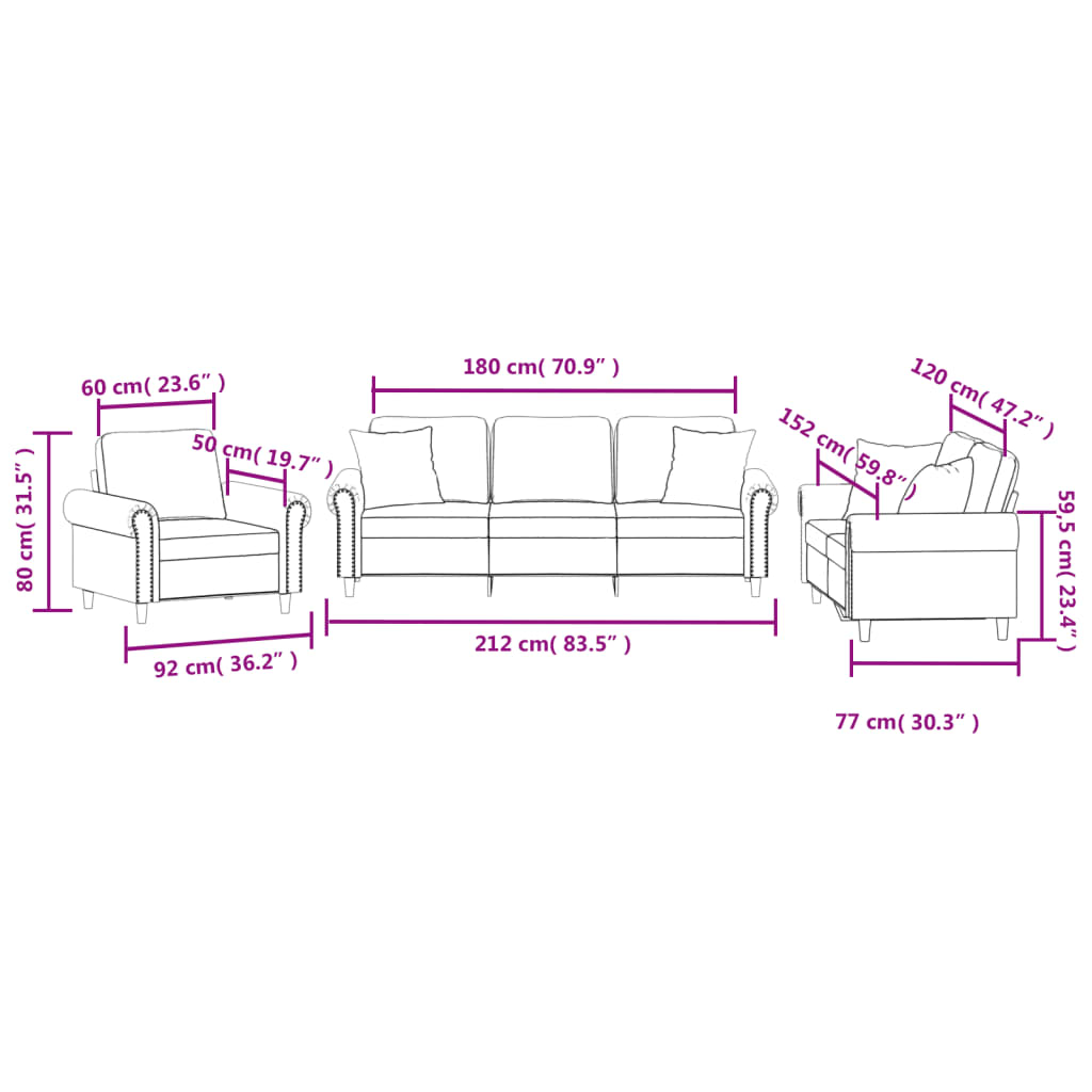 Set de canapele cu perne, 3 piese, albastru, catifea GartenMobel Dekor