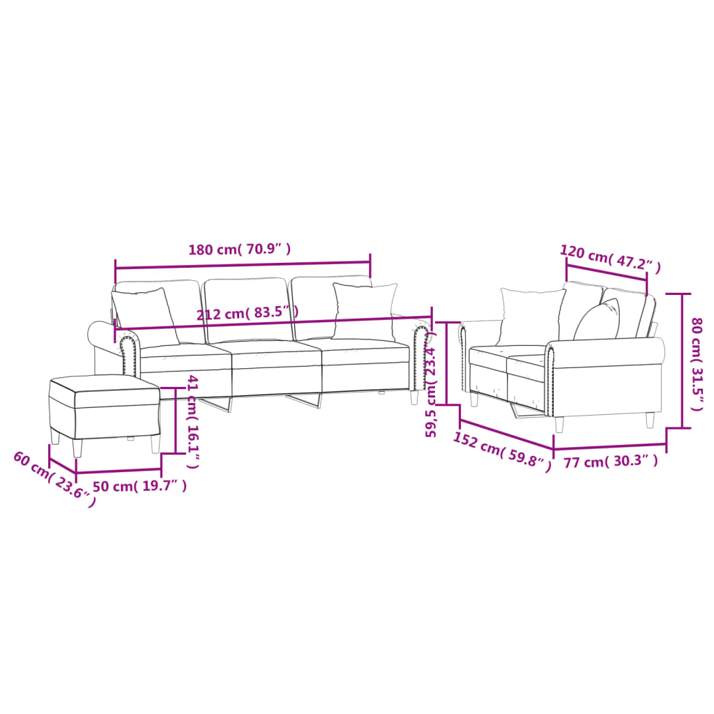 Set de canapele cu perne, 3 piese, crem, catifea GartenMobel Dekor