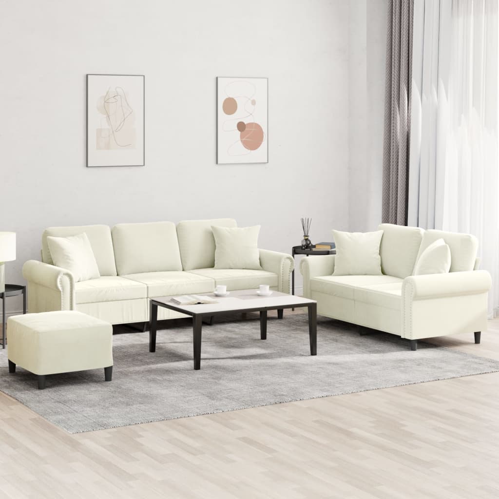 Set de canapele cu perne, 3 piese, crem, catifea GartenMobel Dekor