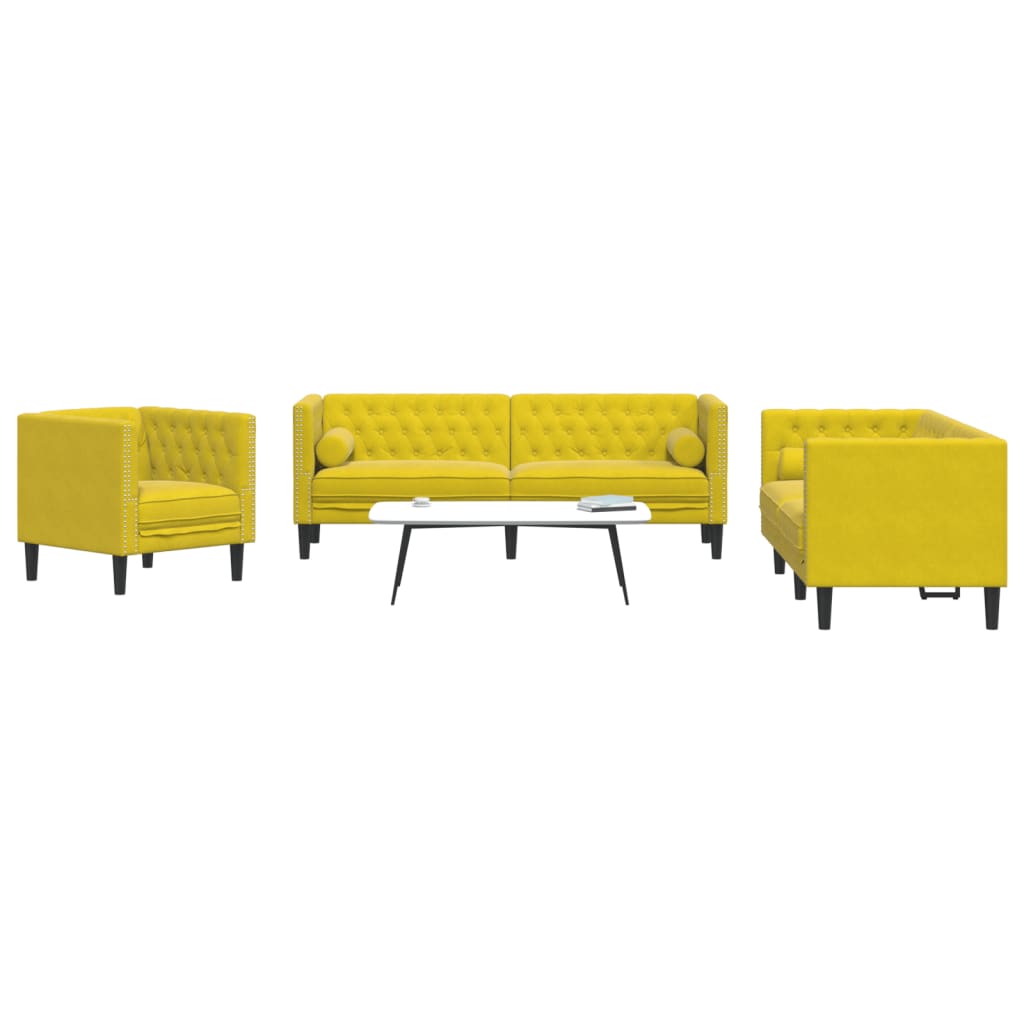 Set canapele Chesterfield cu perne rulou 3 piese galben catifea GartenMobel Dekor