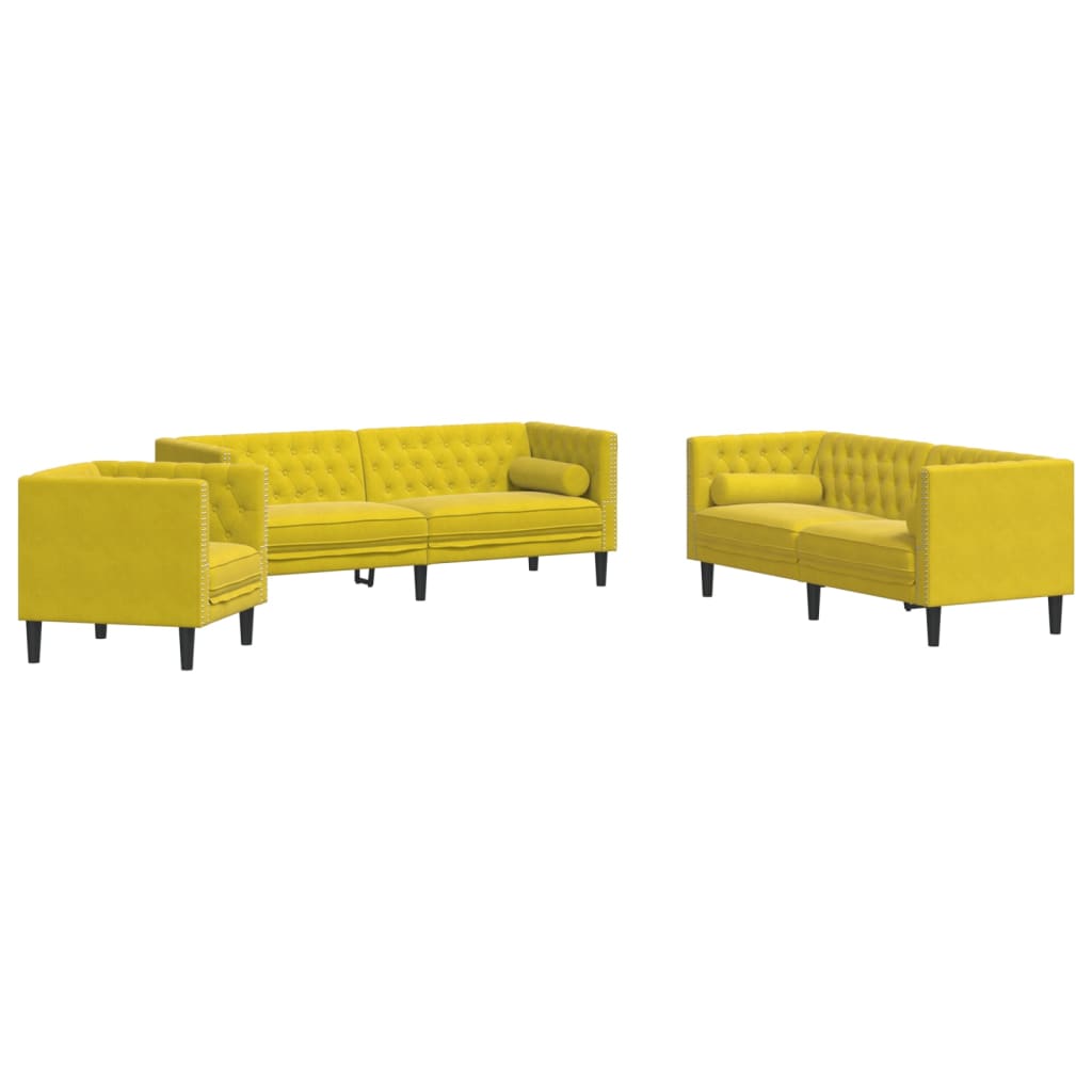 Set canapele Chesterfield cu perne rulou 3 piese galben catifea GartenMobel Dekor