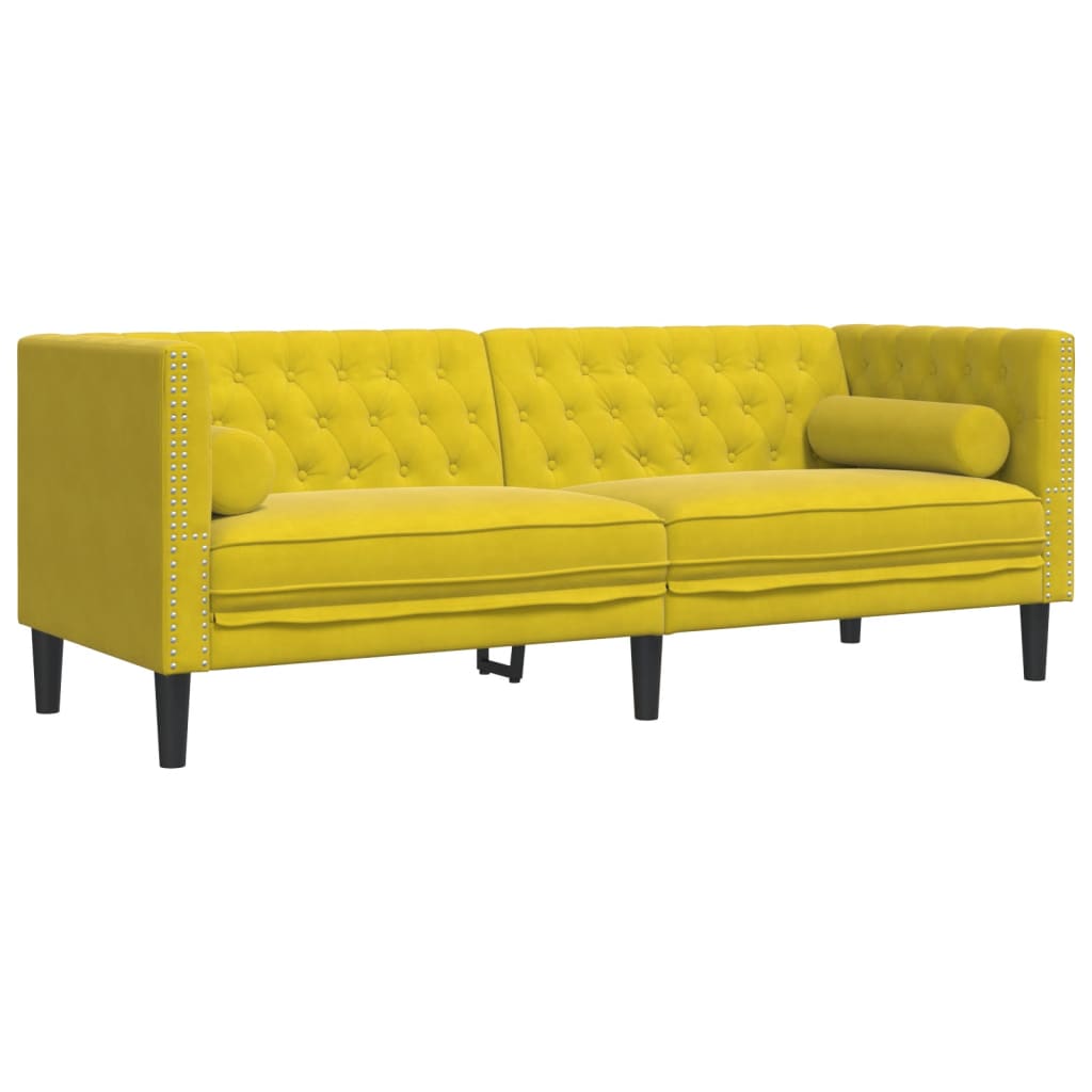 Set canapele Chesterfield cu perne rulou 3 piese galben catifea GartenMobel Dekor