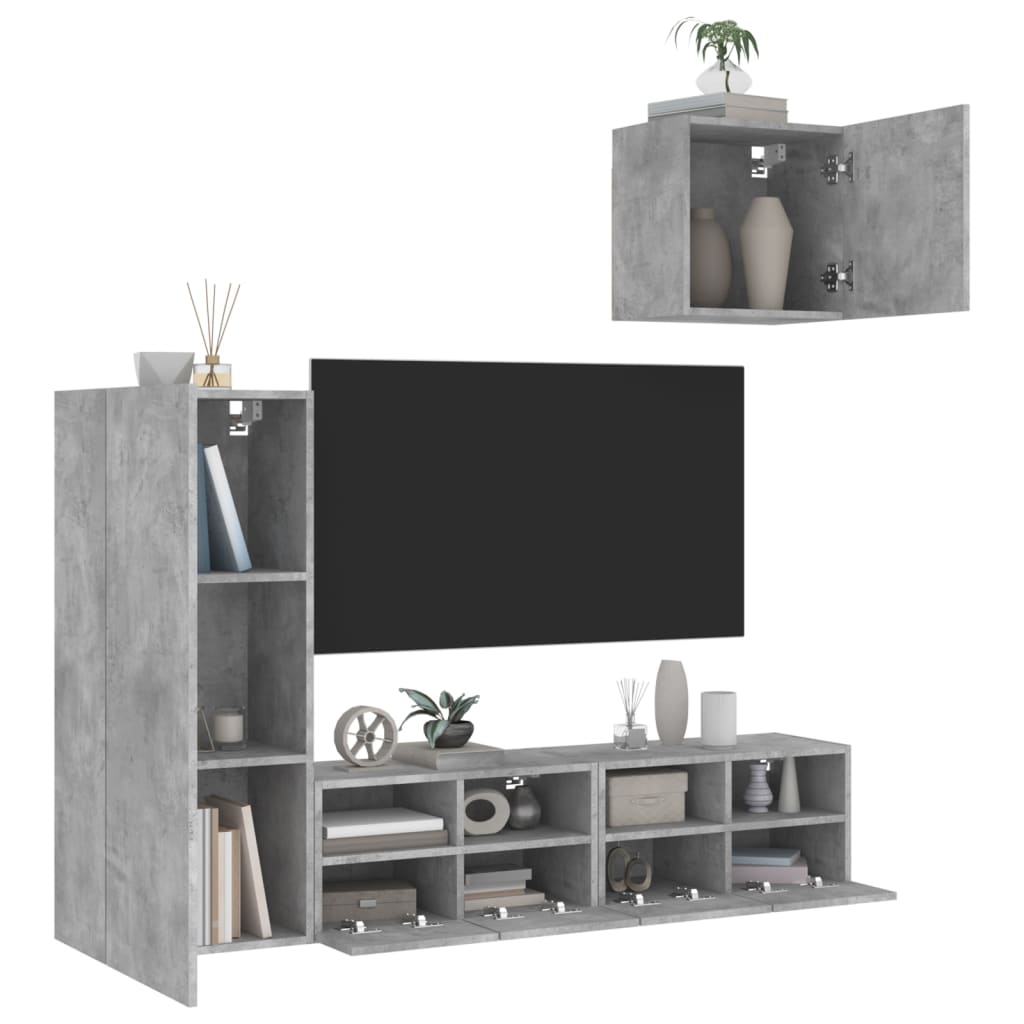 Unități TV de perete, 4 piese, gri beton, lemn prelucrat GartenMobel Dekor