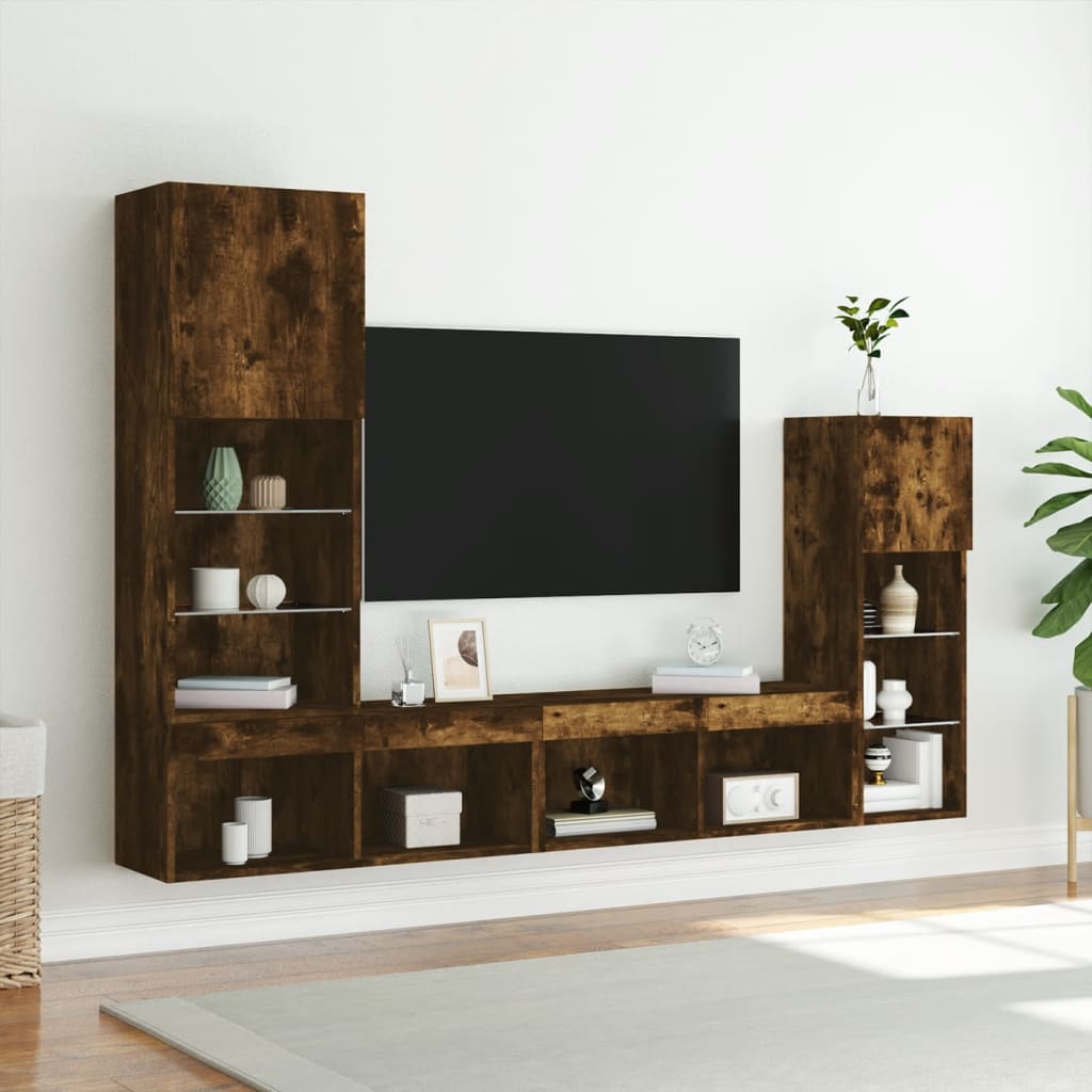 Unități de perete TV cu LED-uri, 4 piese, stejar fumuriu, lemn GartenMobel Dekor