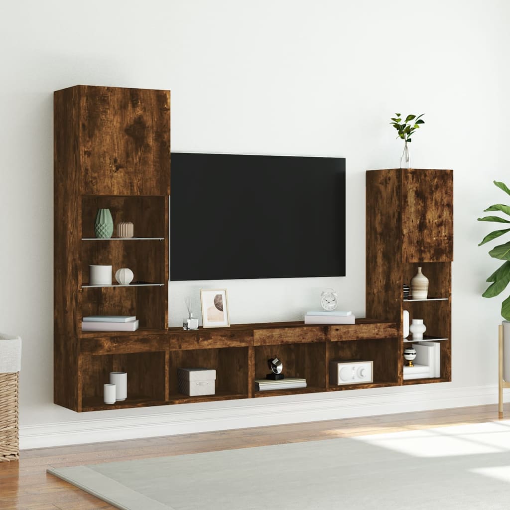 Unități de perete TV cu LED-uri, 4 piese, stejar fumuriu, lemn GartenMobel Dekor