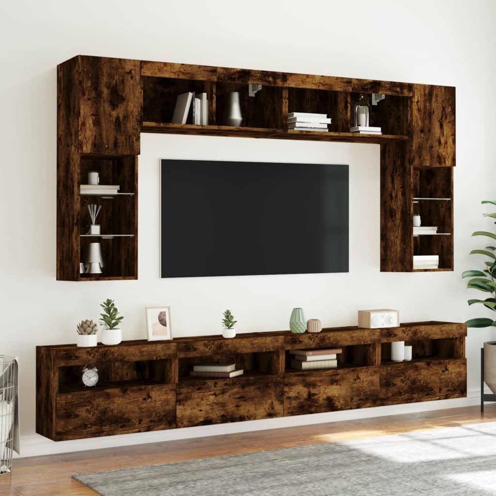Comode TV de perete cu lumini LED, 8 piese, stejar fumuriu GartenMobel Dekor