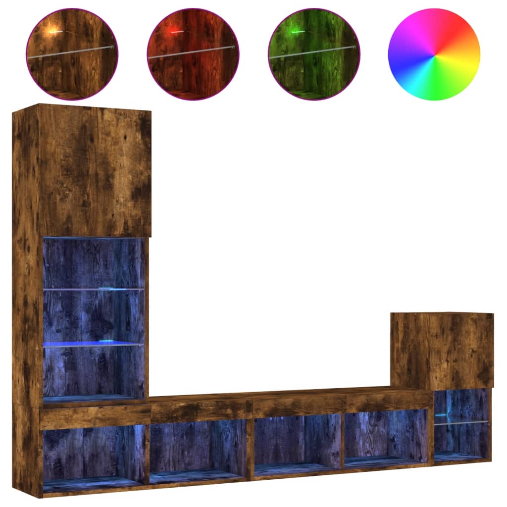 Unități de perete TV cu LED-uri, 4 piese, stejar fumuriu, lemn GartenMobel Dekor