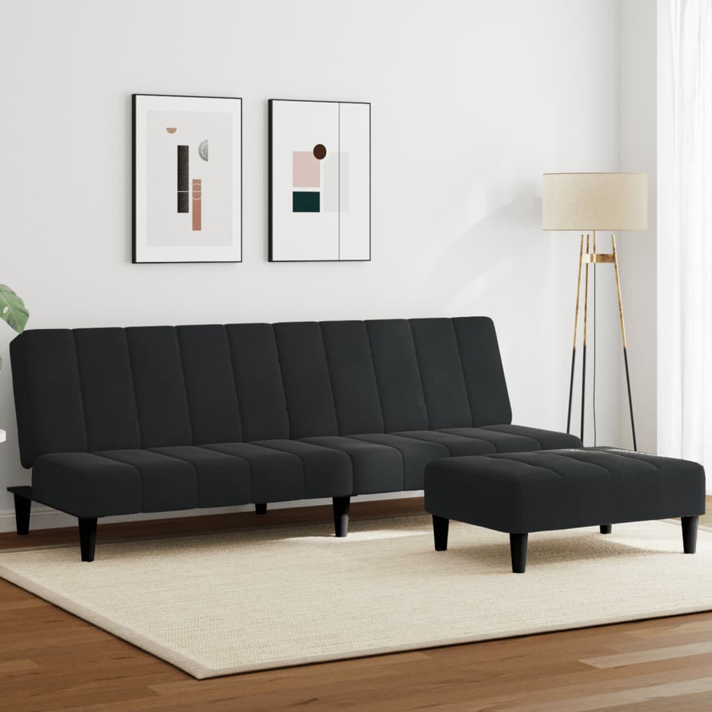 Canapea extensibilă cu taburet, 2 locuri, negru, catifea GartenMobel Dekor