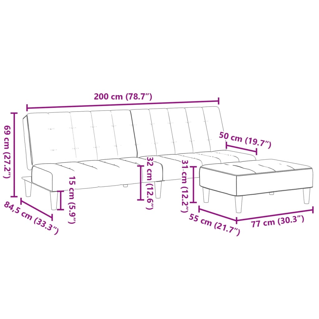 Canapea extensibilă cu taburet, 2 locuri, negru, catifea GartenMobel Dekor