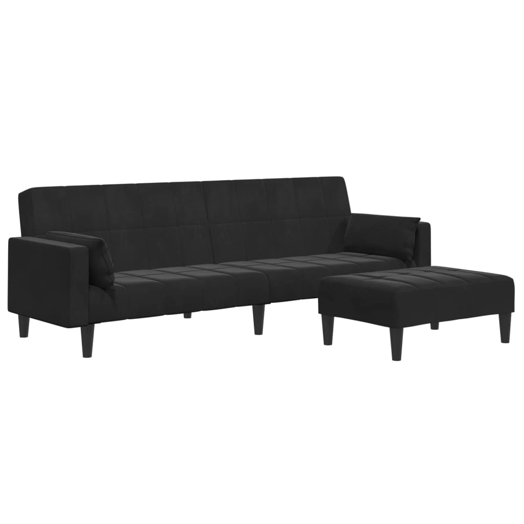 Canapea extensibilă cu taburet, 2 locuri, negru, catifea GartenMobel Dekor